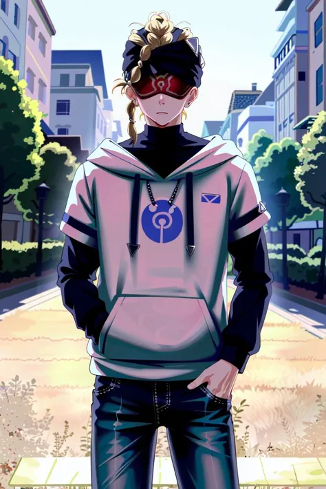daythunder, 1boy, cityscape, night, red blindfold, ((hoodie, long sleeves)), <lora:daythunder-v1:0.9>, (8k uhd, masterpiece, best quality, high quality, absurdres)