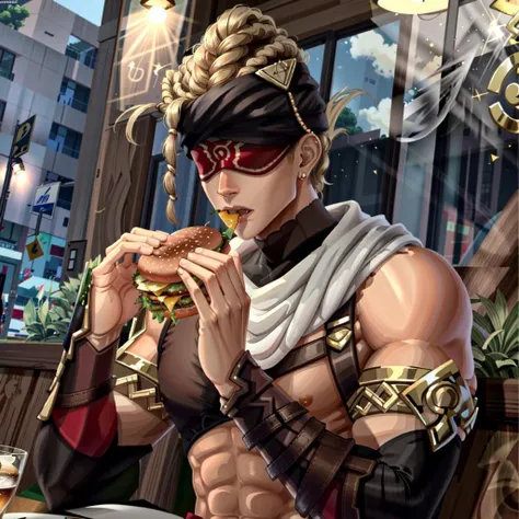 daythunder eating borgar, 1boy, red blindfold, white scarf, ((vambraces)), detached sleeves, armlet, cafe, two-handed burger <lora:daythunder-v1:1> <lora:borger-nvwls-v4:0.7>
