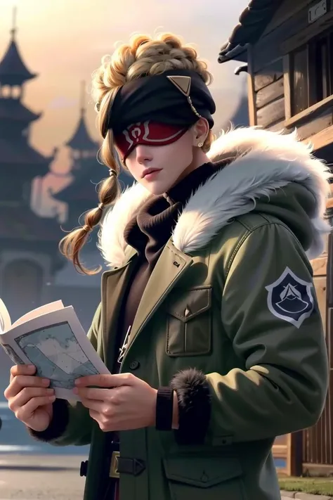 daythunder reading a map, 1boy, red blindfold, ((parka, fur hat)), <lora:daythunder-v1:0.9>, (8k uhd, masterpiece, best quality, high quality, absurdres)