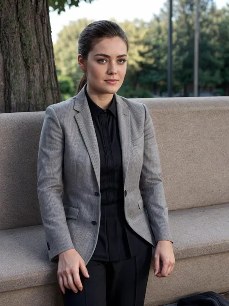 Full body view, professional, zoomed out, wide angle, FBI Agent, Full business suit, sitting on a park bench, detailed face, detailed skin with pores, photography, hq, photorealistic, epiCRealism <lora:more_details:1> <lora:Megan_Boone:0.75>