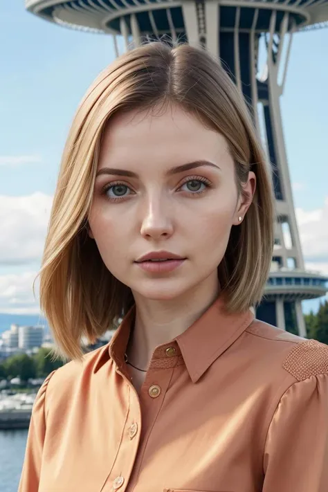 European woman, closeup, (shirt), pants, (seattle space needle), (), ZM_alice, wide shoulders, perfect face, (contact iris: 1.1), pale skin, skin pores , depth of field