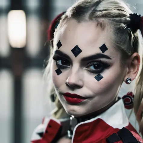 High res closeup portrait photo of an actress dressed as Harley Quinn, f /2.8, Canon, 85mm,cinematic, high quality, skin texture, looking at the camera, ,elxpowell, <lora:elpowell_juggerX_xl_1_standard_wocap-elxpowell-000092:1>