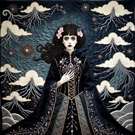 cs-qu1lt-1, white-toned Surrealism photo of an abyssal goth clothed bejewelled punk princess by Hokusai among the clouds in a bright decrepit void, intricate black and bronze and white Voronoi, magical, ethereal, billowing bright dust, very detailed, <lora:SDXL_Black_Sa_May:0.75>