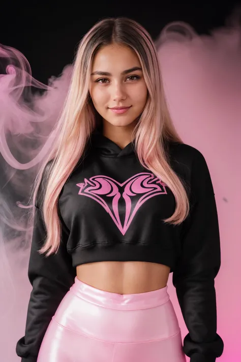 DV_Michaela_Vicious ((Black Theme, Black and Pink Backdrop:1.4)) (Close-Up Shot, Face Portrait:1.4) (Blonde long hair:1.5) wearing (Black Leggings and a Black sweatshirt :1.3) 35mm, F/2.8 ((Photo Focus, DOF, Aperture, insanely detailed and intricate, character, hypermaximalist, elegant, ornate, beautiful, exotic, revealing, appealing, attractive, amative, hyper realistic, super detailed, heresy flares)) (smiling at viewer)(volumetric pink smoke:1.3) (pink lens flare:1.2)(sharpness:1.3)(details:1.3)