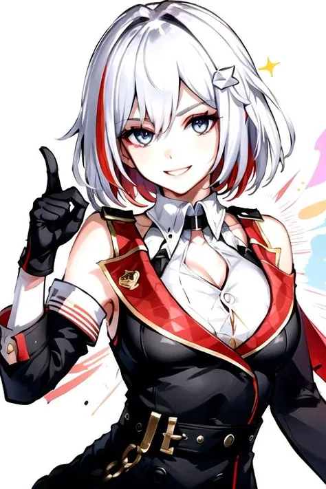 <lora:Topazzz-10:0.8>, highres, best quality, absurdres, topazhsr, looking at viewer, smile, shirt, hair ornament, gloves, holding, bare shoulders, white shirt, upper body, teeth, sleeveless, black gloves, elbow gloves, armpits, grin, sleeveless shirt, eyes visible through hair,