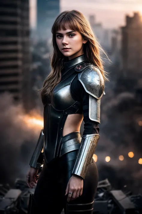 EmiliaJ_SoloTI_v1,
In a high-tech, armor-plated suit with glowing accents and integrated weaponry, projecting a stoic and powerful presence), (Amidst the chaotic battlefield of a war-torn cityscape, where explosions and flying debris create a symphony of conflict and heroism, a sense of unity and resilience fills the tense air:1.3), (epic:1.3), (dark, intense atmosphere, dramatic lighting, battle-ready stance:1.3), 
epiCPhoto,
<lora:add_detail:0.8>, PA7_Portrait-MCU,