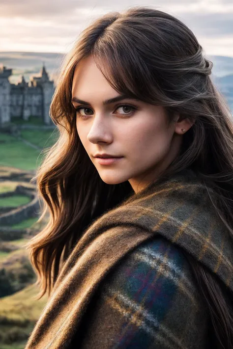 EmiliaJ_SoloTI_v1,
(In a simple, rustic dress with a plaid shawl and wild, flowing hair, exuding a quiet strength and resilience), (Amidst the rolling hills and ancient castles of Scotland, where whispers of freedom and bravery create a symphony of determination and sacrifice, a sense of courage and steadfastness fills the rugged air:1.3), (resolute:1.3), (natural, windswept landscape, contemplative gaze, historical setting:1.3), 
<lora:add_detail:0.6>, PA7_Portrait-MCU,