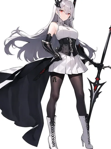 kishiyo, 1girl, arms at sides, black pantyhose, boots, corset, cross-laced footwear, diamond (shape), elbow pads, full body, gauntlets, grey hair, hair between eyes, hair ornament, high heel boots, high heels, lace-up boots, left-handed, legs apart, long hair, miniskirt, pantyhose, polearm, red eyes, simple background, skirt, solo, spear, standing, weapon, white background, white footwear, white skirt