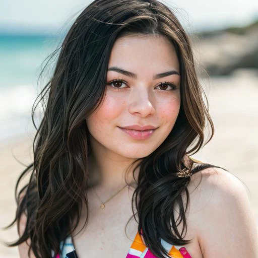 RAW photo, a close up portrait photo of miranda cosgrove in a bikini , long haircut, pale skin, slim body, background is a beach, (high detailed skin:1.2), 8k uhd, dslr, soft lighting, high quality, film grain, Fujifilm XT3 <lora:miranda cosgrove v1.3:1>