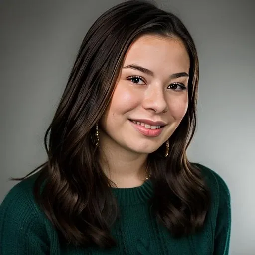 a Realistic portrait of a miranda cosgrove with blue eyes, looking at the viewer, detailed face, detailed eyes, (smiling showing teeth:1.1), perfect slim body, modelshoot style, hand on own shoulder, wearing a green sweater with long sleeves, wearing gold earrings and jewelry, soft lighting, professional Photography, Photorealistic, detailed, standing in a dark Studio Room background, blurred background, RAW, analog, sharp focus, 8k, HD, DSLR, high quality, Fujifilm XT3, film grain, award winning, masterpiece
<lora:miranda cosgrove v1.4:1>