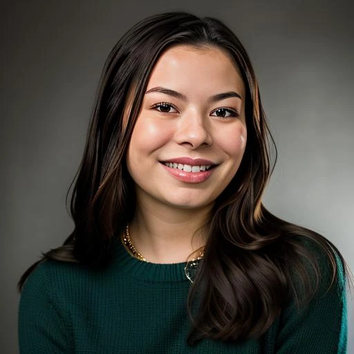 a Realistic portrait of a miranda cosgrove with blue eyes, looking at the viewer, detailed face, detailed eyes, (smiling showing teeth:1.1), perfect slim body, modelshoot style, hand on own shoulder, wearing a green sweater with long sleeves, wearing gold earrings and jewelry, soft lighting, professional Photography, Photorealistic, detailed, standing in a dark Studio Room background, blurred background, RAW, analog, sharp focus, 8k, HD, DSLR, high quality, Fujifilm XT3, film grain, award winning, masterpiece
<lora:miranda cosgrove v1.4:1>