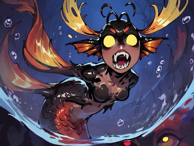 anglerfish (mermaid:1.2), female, swimming, fully submerged, darkness, deep ocean, black colors, dark colors, night, shadows, black scales, fangs, teeth, underwater, glowing yellow eyes, no pupils, anglerfish antenna,
<lora:Ink Style LoRA XL:0.5>
<lora:BoobsgamesLycoXL:0.5>, score_9, score_8_up, score_7_up,