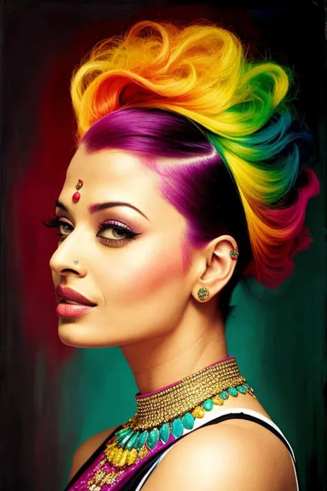 <lyco:AshRai:1>, portrait of ashrai woman by Flora Borsi, style by Flora Borsi, bold, bright colours, rainbow Mohawk haircut, ((Flora Borsi)),