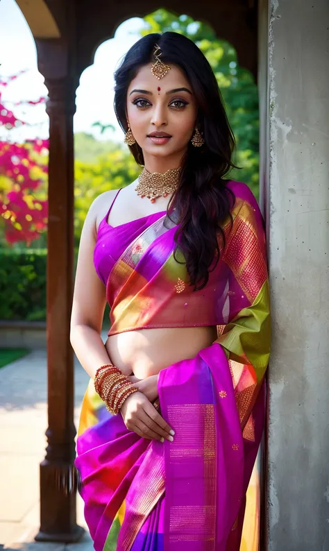 stunning intricate full color photo beautiful woman ashrai, open air, perfect eyes, sari, natural lighting, f2, 35mm, <lyco:AshRai_768_LoHA_2:1>,