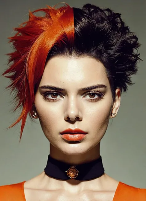 portrait of sks woman by Flora Borsi, style by Flora Borsi, bold, bright colours, orange Mohawk haircut, ((Flora Borsi)), <lora:locon_kendall_v1_from_v1_64_32:1.3>