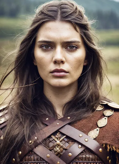 Cinematic close-up: female Viking soldier, rugged mountain backdrop, fierce spirit, authentic warrior valor.