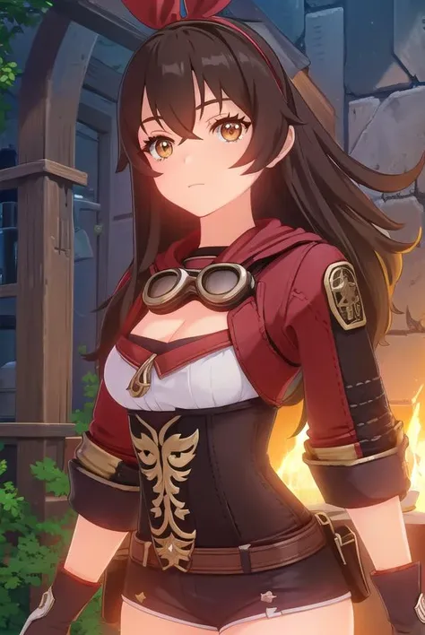 genshinamber, <lora:genshin amber ingame-lora-nochekaiser:1>,
amber, long hair, bangs, brown hair, ribbon, hair between eyes, (brown eyes:1.5), hair ribbon, sidelocks, hairband, smile, grin,
BREAK thighhighs, gloves, long sleeves, cleavage, shorts, white gloves, goggles, goggles around neck,
BREAK outdoors,
BREAK looking at viewer, (cowboy shot:1.5),
BREAK <lyco:GoodHands-beta2:1>, (masterpiece:1.2), best quality, high resolution, unity 8k wallpaper, (illustration:0.8), (beautiful detailed eyes:1.6), extremely detailed face, perfect lighting, extremely detailed CG, (perfect hands, perfect anatomy),