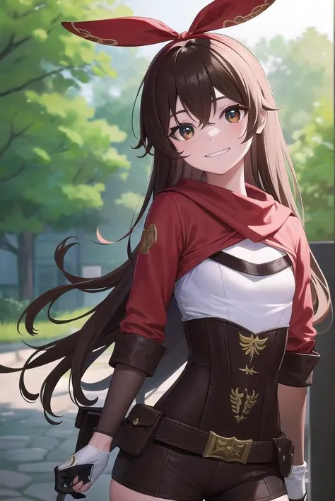 genshinamber, <lora:genshinamber-lora-nochekaiser:1>,
amber, brown hair, long hair, (brown eyes:1.5), hair between eyes, hair ribbon, ribbon, red ribbon, (small breasts:1.2), <lora:talkmouth_I_v100:1>, smile,
BREAK brown shorts, long sleeves, white thighhighs, shorts, thighhighs, jacket, crop jacket, red jacket, corset, gloves, brown gloves,
BREAK outdoors, nature, forest,
BREAK looking at viewer, (cowboy shot:1.5), upper body,
BREAK <lyco:GoodHands-beta2:1>, (masterpiece:1.2), best quality, high resolution, unity 8k wallpaper, (illustration:0.8), (beautiful detailed eyes:1.6), extremely detailed face, perfect lighting, extremely detailed CG, (perfect hands, perfect anatomy),