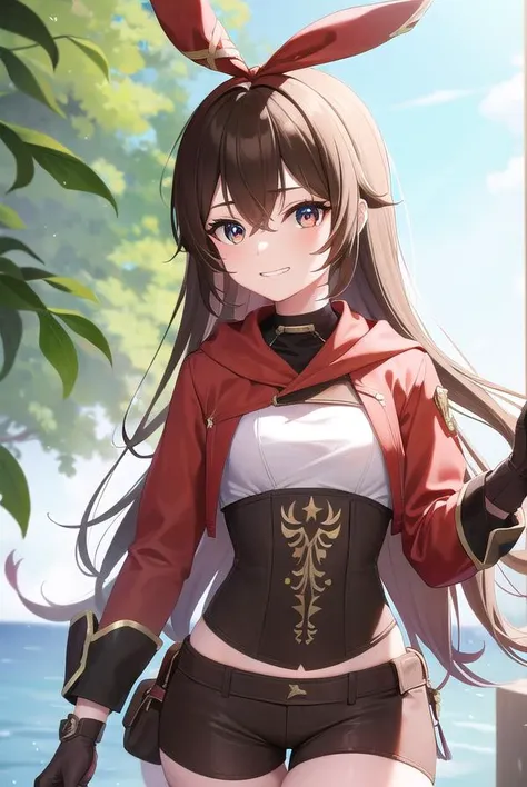 genshinamber, <lora:genshinamber-lora-nochekaiser:1>,
amber, brown hair, long hair, (brown eyes:1.5), hair between eyes, hair ribbon, ribbon, red ribbon, (small breasts:1.2), <lora:talkmouth_I_v100:1>, smile,
BREAK brown shorts, long sleeves, white thighhighs, shorts, thighhighs, jacket, crop jacket, red jacket, corset, gloves, brown gloves,
BREAK outdoors, nature, forest,
BREAK looking at viewer, (cowboy shot:1.5), upper body,
BREAK <lyco:GoodHands-beta2:1>, (masterpiece:1.2), best quality, high resolution, unity 8k wallpaper, (illustration:0.8), (beautiful detailed eyes:1.6), extremely detailed face, perfect lighting, extremely detailed CG, (perfect hands, perfect anatomy),