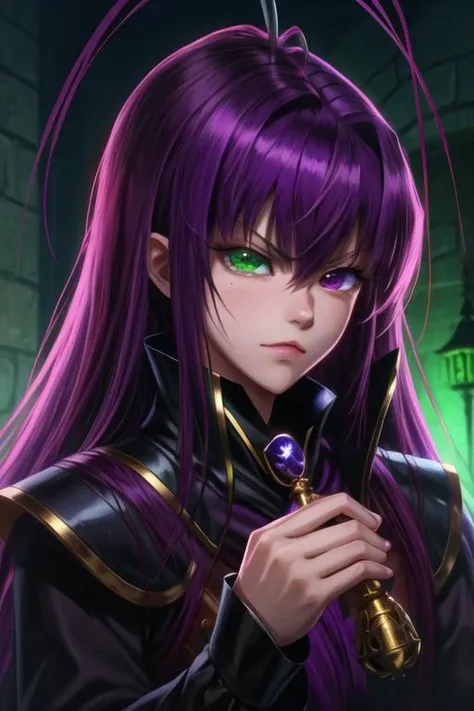 masterpiece, best quality, game cg, 1boy, solo, male focus, looking at viewer, , , <lora:tenma_unomiya:0.68>, tenma_unomiya, purple hair, purple eyes, green eyes, heterochromia, antenna hair, long hair, , A dark, foreboding castle where a wicked queen reigns, 4k resolution