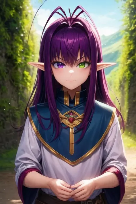 masterpiece, best quality, , 1boy, solo, male focus, looking at viewer, upper body, depth of field, <lora:tenma_unomiya:0.66>, tenma_unomiya, purple hair, purple eyes, green eyes, heterochromia, antenna hair, long hair, crewneck, , Middle Earth: A vast and ancient world, home to Elves, Dwarves, Hobbits, and Wizards, 4k resolution