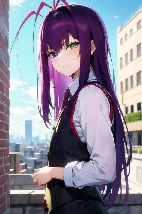 masterpiece, best quality, photorealistic, 1boy, solo, male focus, looking at viewer, , , <lora:tenma_unomiya:0.70>, tenma_unomiya, purple hair, purple eyes, green eyes, heterochromia, antenna hair, long hair, waistcoat, , The City of Glas,