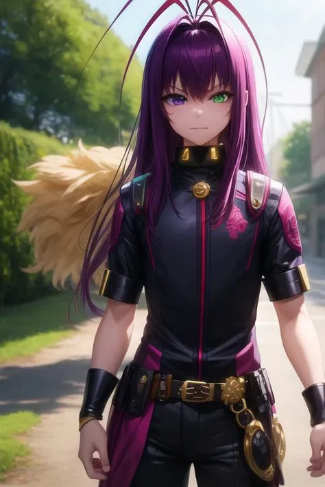 masterpiece, best quality, game cg, 1boy, solo, male focus, looking at viewer, , depth of field, <lora:tenma_unomiya:0.68>, tenma_unomiya, purple hair, purple eyes, green eyes, heterochromia, antenna hair, long hair, carnival costume, dieselpunk, 12k resolution
