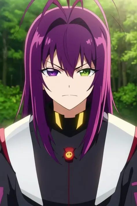 masterpiece, best quality, game cg, 1boy, solo, male focus, looking at viewer, upper body, depth of field, <lora:tenma_unomiya:0.70>, tenma_unomiya, purple hair, purple eyes, green eyes, heterochromia, antenna hair