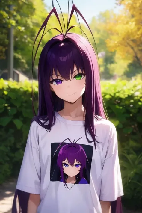masterpiece, best quality, photorealistic, 1boy, solo, male focus, looking at viewer, upper body, depth of field, <lora:tenma_unomiya:0.74>, tenma_unomiya, purple hair, purple eyes, green eyes, heterochromia, antenna hair, long hair, t-shirt dress, , , 16k resolution