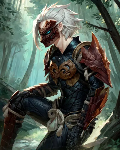 character portrait of a adult, (male:1.4), (human:1.2), odoarmor, thin, hi res, soft shading, detailed face, good anatomy, cinematic lighting, by woolrool, crayon \(artist\), buta99, athletic, detailed background, outdoors, blue eyes, white hair, short hair, forest, dynamic pose, bodysuit, (mask:1.3),