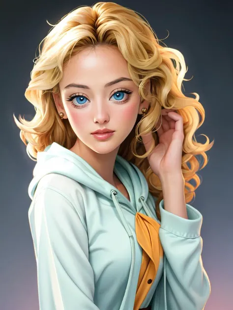 Realistic photo of a beautiful v1rg1n14m woman,1girl, solo, looking at viewer, blue eyes, blonde hair, simple background, long sleeves, upper body, hood, lips, gradient, gradient background, curly hair, robe, realistic, hand on own head, soft lighting, professional Photography, Photorealistic, detailed, RAW, analog, sharp focus, 8k, HD, DSLR, high quality, Fujifilm XT3, film grain, award winning, masterpiece<lora:v1rg1n14m:1.0>