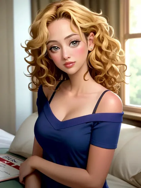 Realistic photo of a beautiful v1rg1n14m woman,1girl, solo, breasts, looking at viewer, blonde hair, bare shoulders, brown eyes, upper body, dark skin, off shoulder, dark-skinned female, lips, blue shirt, curly hair, realistic, soft lighting, professional Photography, Photorealistic, detailed, RAW, analog, sharp focus, 8k, HD, DSLR, high quality, Fujifilm XT3, film grain, award winning, masterpiece<lora:v1rg1n14m:1.0>