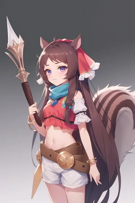 masterpiece, best quality, (colorful), (delicate eyes and face), volumetric light, ray tracing, extremely detailed CG unity 8k wallpaper, <lora:Rin_V1_30_10-000003:0.8> rin, brown hair, very long hair, head scarf, squirrel tail, red crop top, detached short sleeves, white shorts, bracelet, :3, simple background