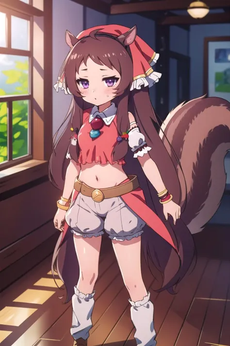 masterpiece, best quality, 1girl, (colorful), (delicate eyes and face), volumetric light, ray tracing, extremely detailed CG unity 8k wallpaper, <lora:Rin_V1_30_10-000003:0.9> rin, brown hair, very long hair, head scarf, purple eyes, squirrel tail, tail raised, red crop top, detached short sleeves, white shorts, bracelet, standing, legs apart, :o, half-closed eyes, indoors, food