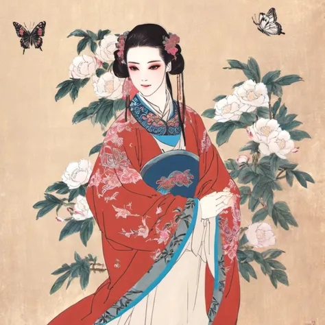 SumeragiNatsuki, (best quality), (masterpiece), Chinese girl,hanfu, garden, floral background, butterfly