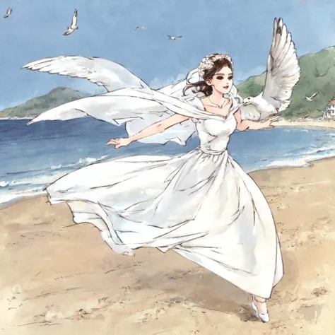 SumeragiNatsuki, wedding dress, veil,running, beach,seaside,flying seagull