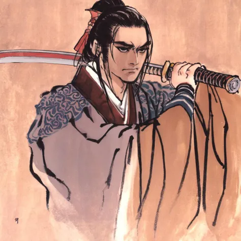 weapon,sword,solo,1boy,black hair,male focus,holding,japanese clothes,holding weapon,holding sword,ponytail,long hair,katana,fighting stance,samurai,closed mouth,hakama,<lora:çåæé£æ ¼ _ Natsuki Sumeragi_v1.0:1>,SumeragiNatsuki,simple background,profile,