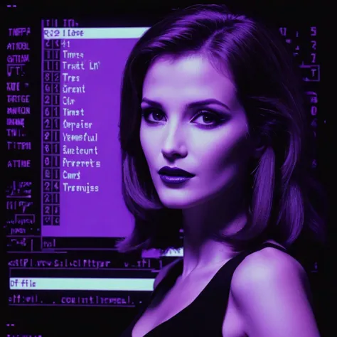 <lora:Retro-UI-XL-000009:1>, a beautiful woman in the style ofa  Retro-UI computer screen with purple on black text