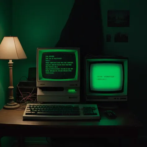 analog photo of an old computer on a table inside a teenager's bedroom at night, <lora:Retro-UI-XL-000009:1>, Retro-UI, computer screen with green on black text, high quality, masterpiece, glowing, hyperrealism, 80s,