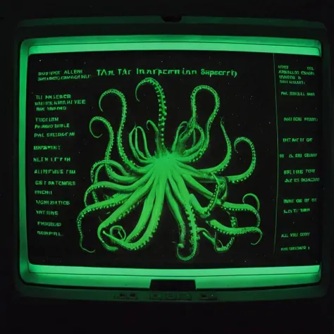 <lora:Retro-UI-XL-000009:1>, photo of transparent (Retro-UI with a bunch of green on black text) on a retro computer screen inside a spaceship interior, horror, alien tentacles, 80s