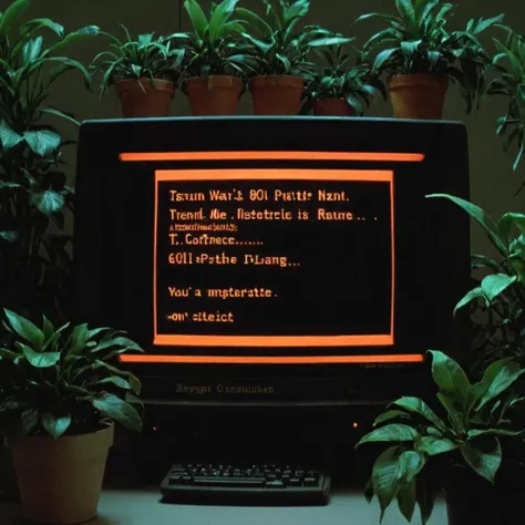 <lora:Retro-UI-XL-000009:0.7>, photo of a retro computer screen showing Retro-UI on it in an 80s office at night with potted plants and fluorescent lighting, orange on black text, masterpiece, cinematic