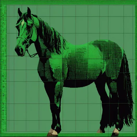 <lora:Retro-UI-XL-000009:0.6>, analog photo of a Retro-UI computer screen with a green on black pixel horse made of green on black text