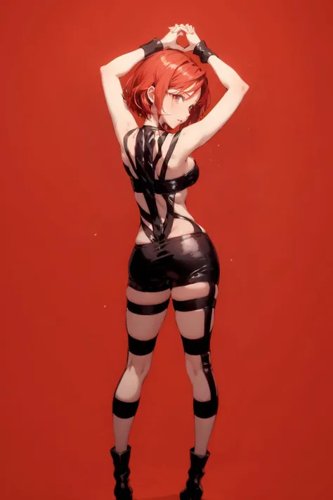 absurdres, best quality, 1girl, from behind, own hands clasped, (arms up:1), looking at viewer, hot limit, <lora:attire_hotlimit:1>, interlocked fingers, backboob, full body, back focus, standing, skinny, red background, simple background, very short hair, red theme, (legs apart)