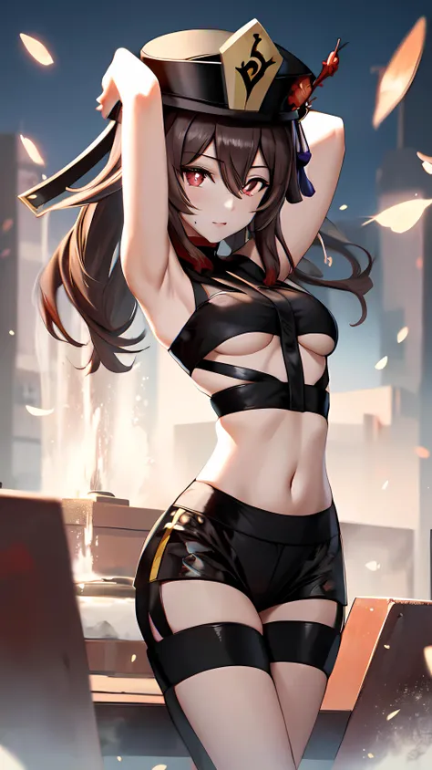 best quality, masterpiece, excellent lighting, <lora:hutao1:0.9> hutaodef, ((small chest)), <lora:attire_hotlimit:1> , looking at viewer, arms behind head, hot limit, underboob