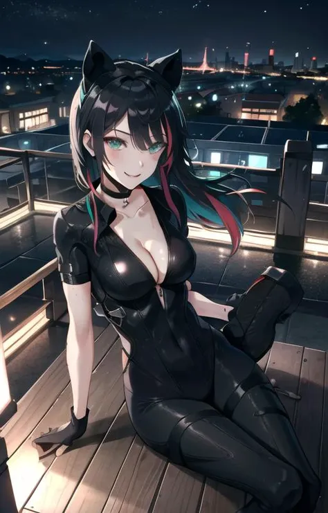 (SFW), masterpiece, best quality, highres 64k, professional artwork, famous artwork, clean, cinematic lighting, beautiful eyes + detail, beautiful hair + detail, multicoloured hair, (sexy young female body:1.4), ( medium breasts, lactation), happy:1.2, smile, sexy looking at the viewer, floating hair, ctwmn:1.2, black bodysuit, choker, (( very deep v, cleavage, )), black long hair, green eyes, athletic, fake animal ears,
outdoors, at night, rooftop, skyline, sexy pose, (sexy hungry) <lora:sxz-catwoman-v1:0.7> <lora:see-through leotard-000004:0.6>