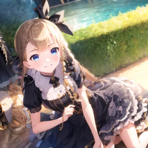 high quality, best quality, masterpiece, absurdres, suzu narumiya, idol, 1girl, solo, hair_ribbon, small chests, young girl, [small], [big blue eyes], long blond_hair, bangs, <lora:suzu:1>, black_dress