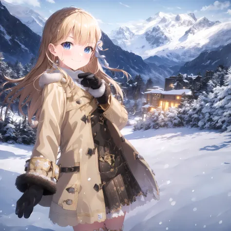 high quality, best quality, masterpiece, absurdres, suzu narumiya, idol, 1girl, solo, hair_ribbon, small chests, young girl, [small], [big blue eyes], long blond_hair, bangs, <lora:suzu:1>, coat, mittens, snowy mountains