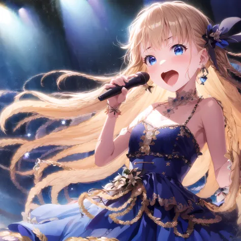 high quality, best quality, masterpiece, absurdres, suzu narumiya, idol, 1girl, solo, hair_ribbon, small chests, young girl, [small], [big blue eyes], long blond_hair, bangs, <lora:suzu:1>, blue_dress, holding_microphone, singing
