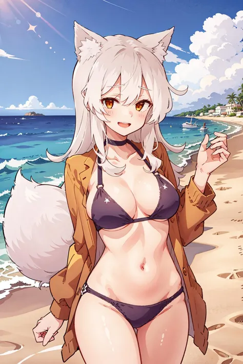 Masterpiece, best quality, perfect lighting, 1girl, solo, ogin, white hair, fox ears, fox tail, red yellow eyes, looking at viewer, black bikini, bangs, large breasts, smug, smile, open mouth, standing, beach scene, <lora:Ogin:0.6>,