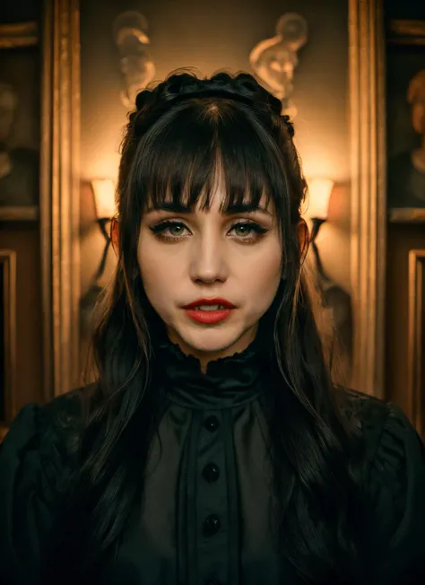 <lyco:Nadja:0.9> upper body portrait of nadja, skswoman, green eyes, makeup, wearing black gothic dress, double bun, bangs, half opened mouth with blood, (vampire fangs:1.2), doll nearby, background blurred inside a mansion with (sargs:1.2), very old paintings in the wall, (low light:1.2)  <lora:epiNoiseoffset_v2:1>